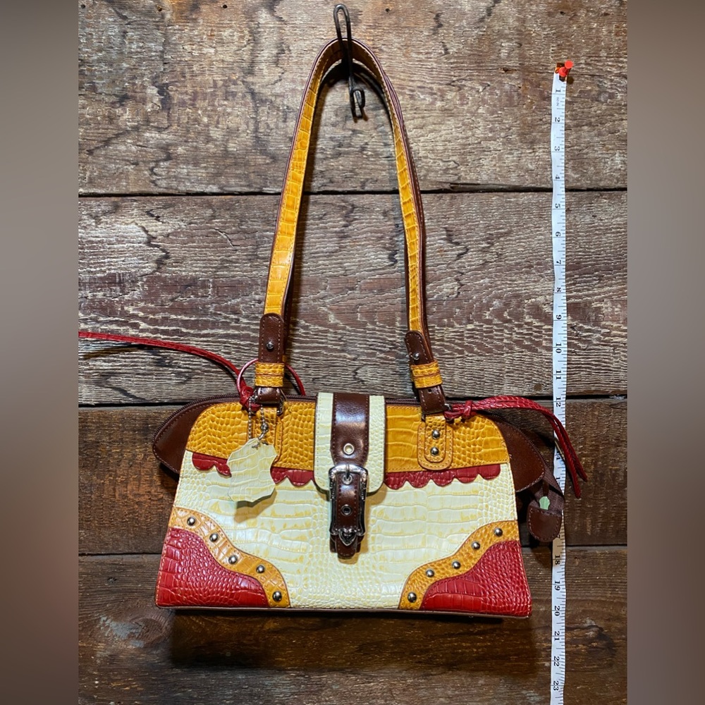 Leather clutch, handbag red and brown and cream “MC”
